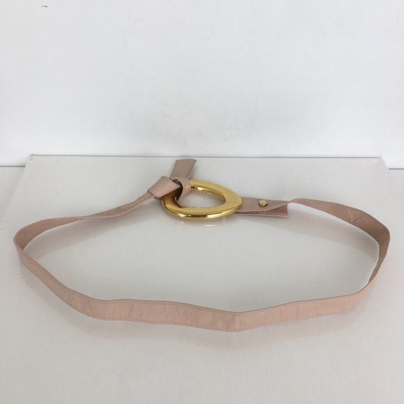 Vintage Alexis Kirk Thin Blush Pink Leather Belt Large Gold Buckle - Picture 11 of 12